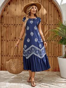 Women's Floral Print Round Neck Cap Sleeve Dress, Vacation - Navy Blue - View 6