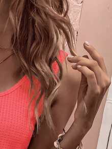 EMERY ROSE Áo tank top nữ màu đỏ huỳnh quang cổ chữ U, chất liệu waffle, kiểu dáng cơ bản, thời trang thường ngày. - Đỏ - Xem 3