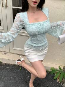 DAZY 紋理蕾絲女款修身優雅長袖T恤，休閒度假風，適合春夏、婚禮、通勤 - 薄荷綠 - 查看 8