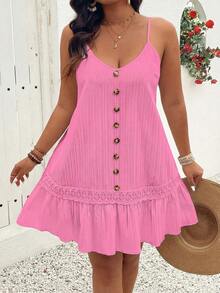 SHEIN LUNE Plus Size V-Neck Sleeveless Front Button Hem Ruffle Texture Slip Dress, Casual Vacation Beachwear - Pink - View 8