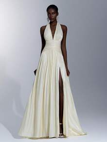 Elitara Đầm dạ hội màu vàng óng ánh, thanh lịch, lãng mạn, thời trang, chất liệu organza bóng, điểm nhấn là những đường xếp ly, cổ yếm, dáng chữ A rộng, xẻ tà gợi cảm, thích hợp cho khách dự đám cưới, đầm maxi hồng, đầm dạ hội trang trọng, thanh lịch và thời trang dành cho khách dự đám cưới. - Màu vàng - Xem 6