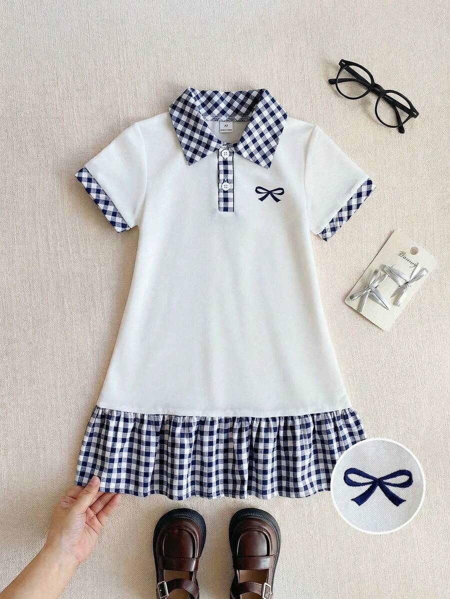 SHEIN 夏季女童白色海军蓝格子 Polo 领荷叶边下摆休闲学院风短袖连衣裙 - 藍白色 - 查看 1