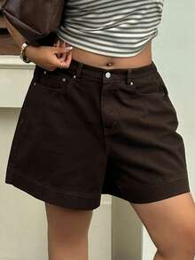 Dazy Plus Quần short denim trơn màu, kiểu dáng thường ngày, đa năng, cỡ lớn, phong cách đường phố dành cho nữ, mùa xuân/hè. - màu nâu - Xem 5