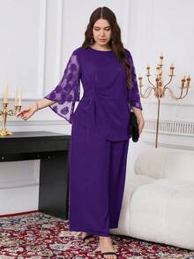 Reflora Plus Size Elegant Mesh Patchwork Top And Pants 2 Pieces Set - Purple - View 5