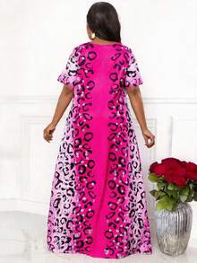 Villa Velisse Plus Size Fashionable Printed Round Neck Short Sleeve Dress - Hot Pink - View 2