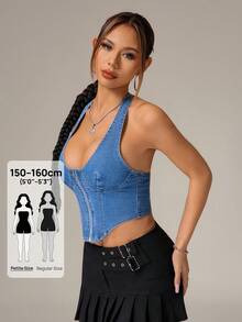 SHEIN PETITE Women's Sexy Backless Halter Neck Denim Blouse For Summer - Blue - View 8