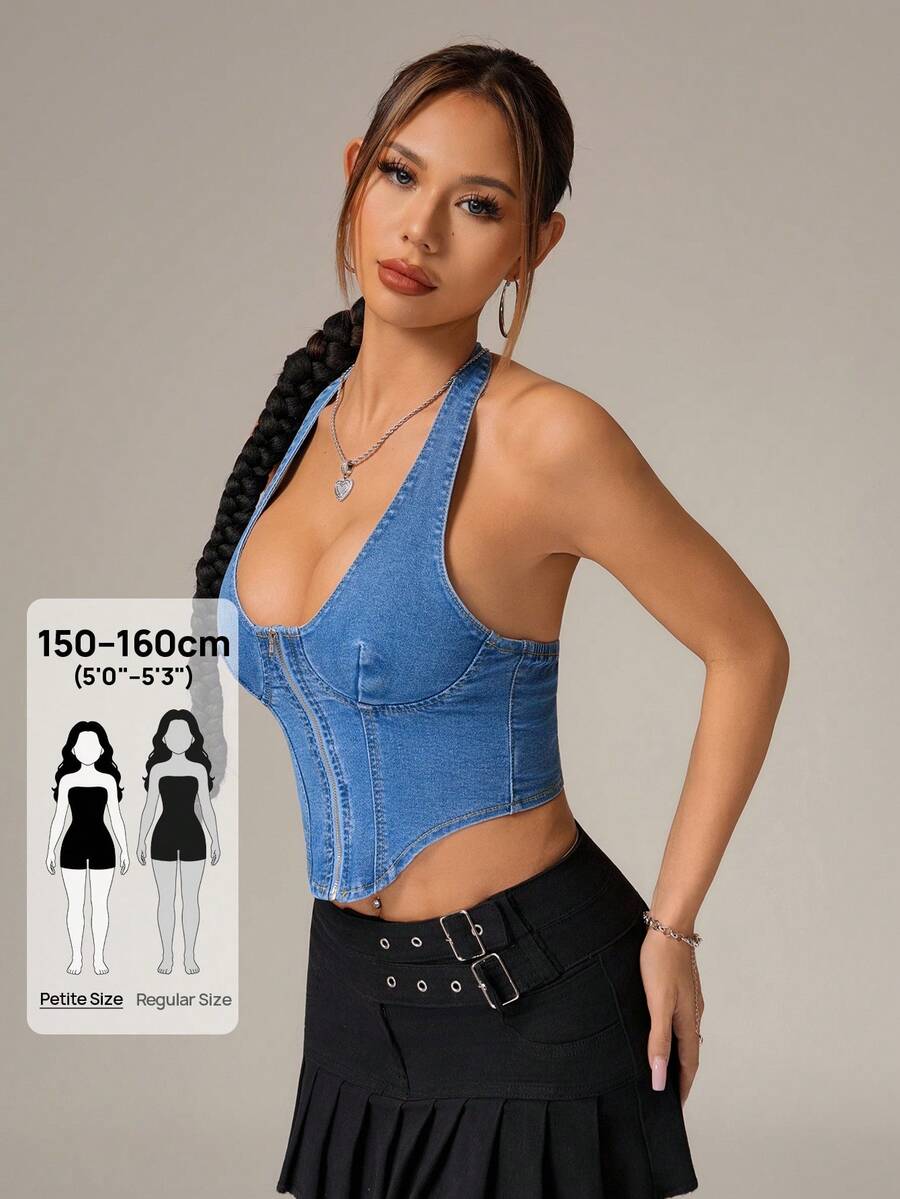 SHEIN PETITE 夏季女士性感露背吊带牛仔上衣 - 藍色 - 查看 1