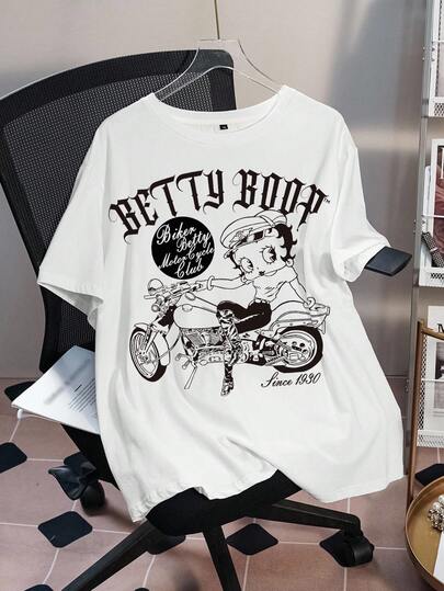 Betty Boop x SHEIN 大码女式圆领卡通字母印花休闲百搭日常短袖T恤