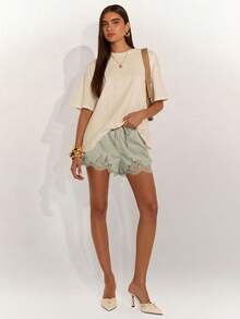 SHEIN BAE Pantalones cortos de mujer de unicolor con parches de encaje - verde menta - Ver 3