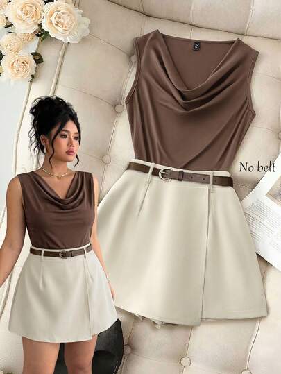 Franclia Conjunto de 2 piezas de top de punto ajustado sin mangas con cuello de pico y shorts casuales, adecuado para ir al trabajo, talla grande para mujer