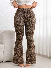 Flexra Plus Size Women Leopard Print High Waist Slim Fit Flare Leg Jeans - Multicolor - View 6