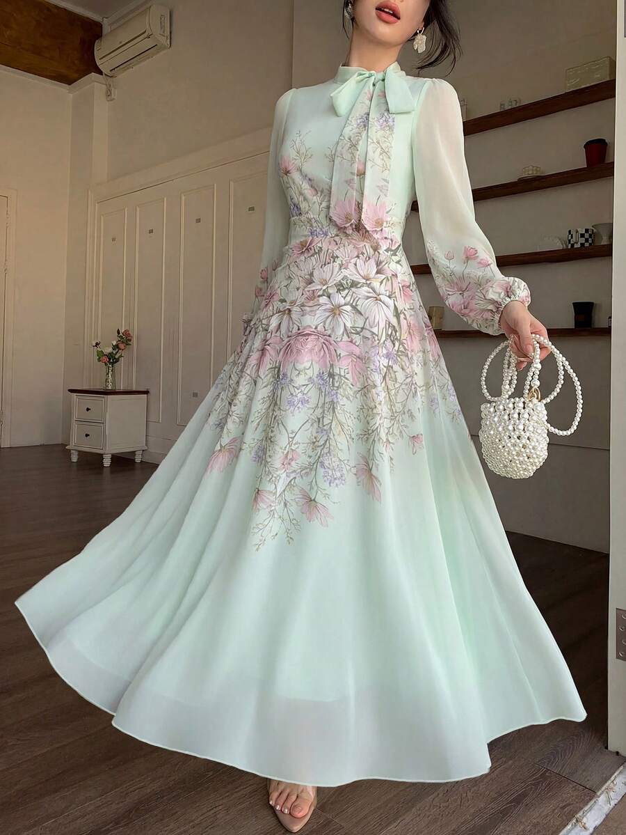Modelyn Tie-Waist Ruched Placement Print Flared Long Sleeve Dress For Women - Pastel Green - View 1