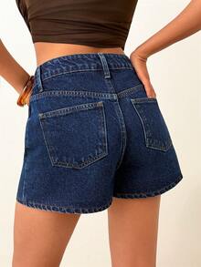 SHEIN Women High-Rise Cross Waist Washed Detail Denim Short - Medium Wash - View 2