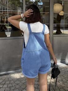 Dripcurv Plus-Size Women's Blue Retro Jumpsuit, Street-Style Preppy Denim Overalls Shorts, New Year's Outfit - Medium Wash - View 2
