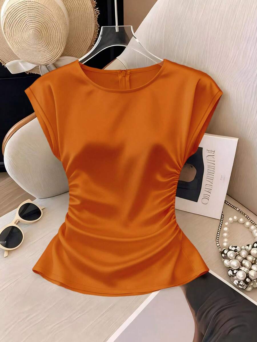 SHEIN Franclia 女士优雅圆领修身褶裥短袖百搭纯色浅桃色衬衫 - 亮橙色 - 查看 1