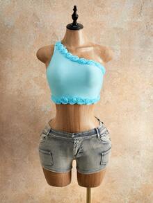 Mistrie Blusa con dobladillo asimétrico y adorno floral para mujer - Azul - Ver 1