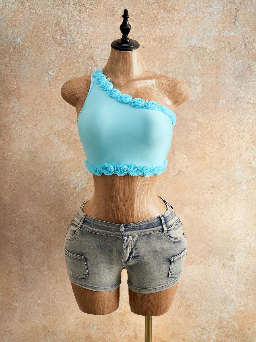 Mistrie Blusa con dobladillo asimétrico y adorno floral para mujer - Azul - Ver 1