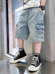 Young Boys Casual Retro Washed Blue Denim Shorts, Fashionable & Versatile - Blue - View 2