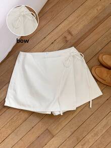 SHEIN Tall CURVE Plus Size Women's High Waist Wrap Tie Denim Skort,Y2K White Summer Silky Smart Casual Vacation Streetwear Knotted Versatile Fashionable Jorts - White - View 2