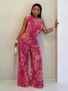SHEIN Tall Vintage Fuchsia Printed Draped Neck & Wide Leg Pants 2-Piece Set, Flattering Casual Vacation Outfit - Multicolor - View 7