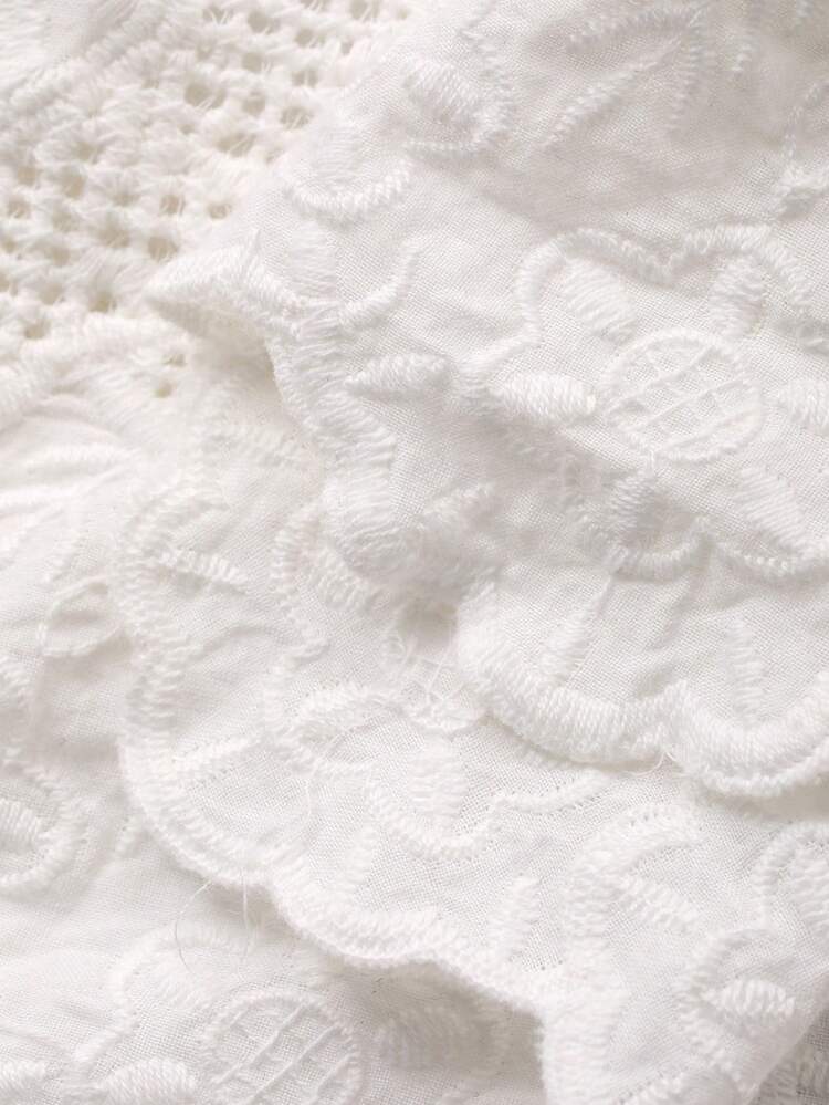 Ivory White Lace Patchwork Ruffle Hem Waist Cinched Long Dress For Women, Spring & Summer