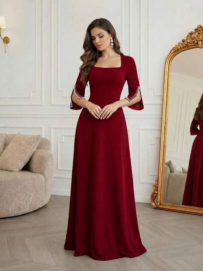 Modelyn Women Formal Evening Gown, Wedding Guest Dress, Beaded Knit Red Elegant Dress For Formal Events Music Festival Spring/Summer, Party Dress