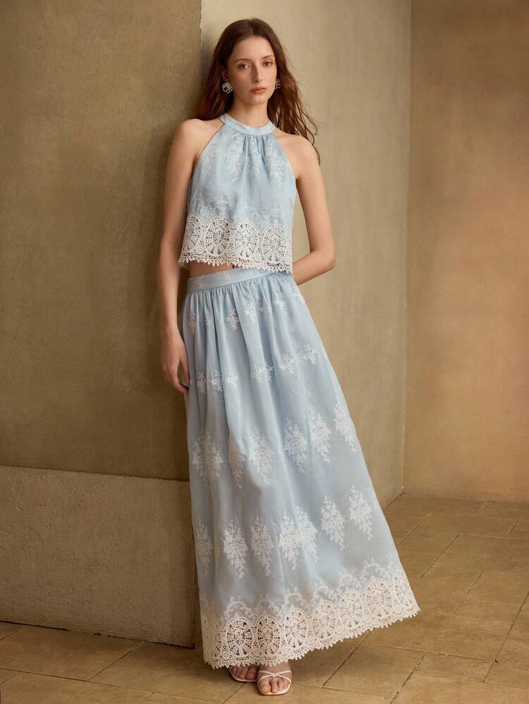 SPRING/SUMMER REFRESHING GENTLE VACATION DATE ELEGANT EMBROIDERED LACE HALTER SLEEVELESS LIGHT BLUE TOP AND LONG SKIRT 2-PIECE SET