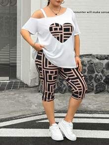 SHEIN CURVE+ 大码女式休闲运动宽松爱心印花两件套，夏季女装，外出套装，两件套裤子，套装，骑行短裤套装，印花女式T恤套装，教师服装 - 彩色 - 查看 9