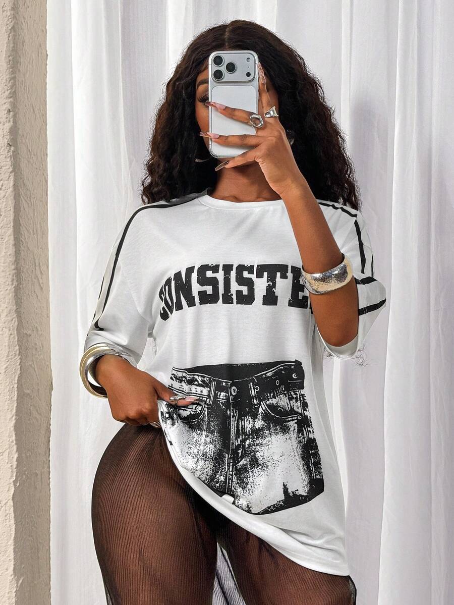 Glyssa 长款印花性感街头风T恤 - 白色 - 查看 1