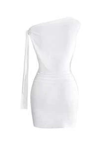ROMWE Robe moulante sexy mini avec décolleté asymétrique, volants et imprimé lettres et croix, style Y2K pour femmes - Blanc - Voir 2
