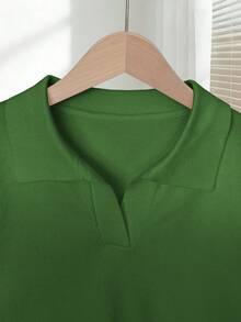 Franclia Women's Simple Solid Color Turndown Collar Short Sleeve Casual Fitted Knit Top, Versatile For Spring/Summer - Army Green - View 3