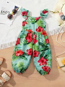 SHEIN Bộ áo liền quần không tay họa tiết hoa nhí, phong cách thường ngày, thích hợp cho bé gái đi nghỉ mát. - Màu xanh lam - Xem 5
