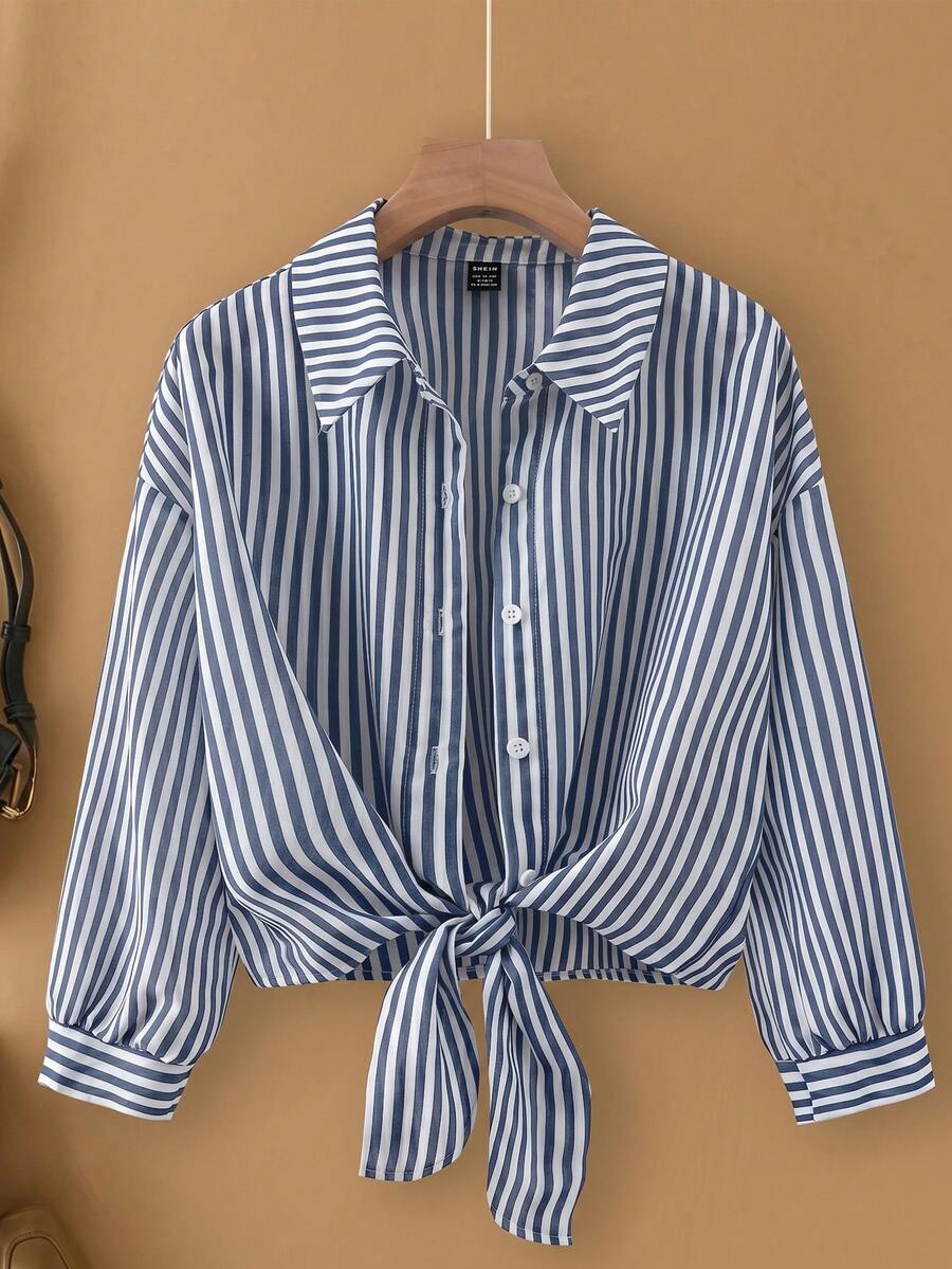 SHEIN Franclia 法式优雅梭织翻领长袖系带开衫，条纹女式衬衫，秋季新品 - 藏蓝色 - 查看 1