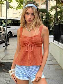 MainGRL Bright Orange Knit Sleeveless Casual Top, Suitable For Summer Wear, Versatile Style Including Smock, Pleated, And Bow Accent Designs,Summer Top - Burnt Orange - View 1