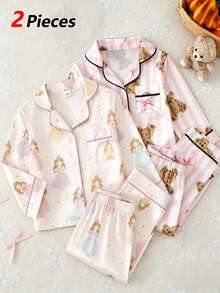 SHEIN Baby Mädchen bunte Feenmuster Faux-Seide Kontrastbesatz Langarm Strickjacke und Hose Casual Loungewear Set - Verschiedenfarbig - Übersicht 10