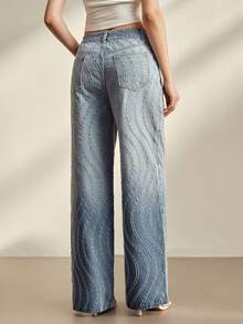 Anewsta Pantalones vaqueros de mujer con gradiente azul de estilo jacquard para primavera/verano - Azul - Ver 6