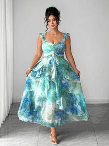Vestido de verano elegante de talla grande con estampado de teñido anudado y volantes en el bajo - Verde - Ver 3