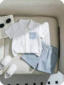 2pcs/Set Baby Boy Contrast Color Striped Decor Pocket Front Collar Short Sleeve Shirt & Shorts Set - Blue - View 5