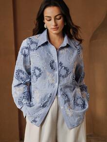 Anewsta Women's Single-Breasted Striped Floral Embroidered Casual Versatile Daily Wear Shirt - Blue - View 3
