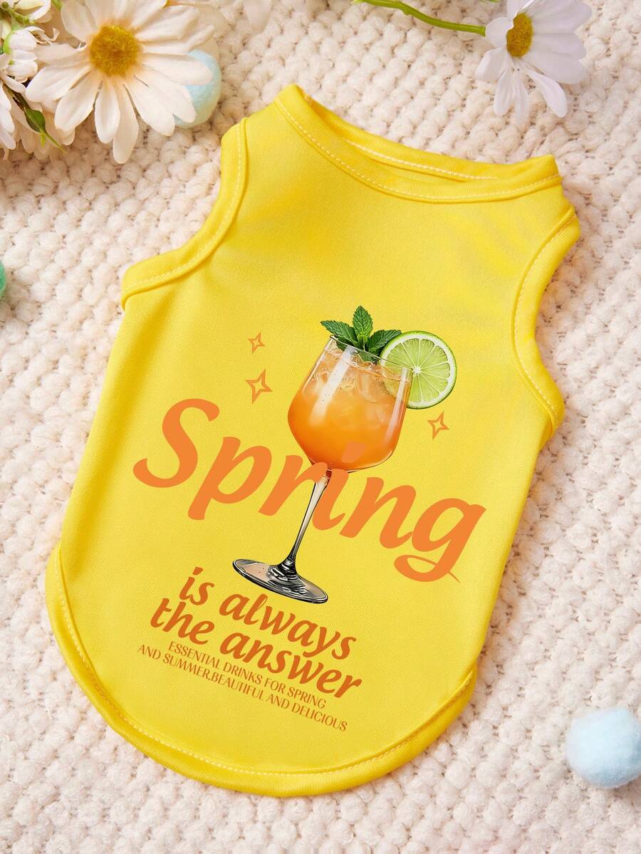 1 chiếc áo vest cho thú cưng in chữ hình ly rượu vang màu vàng bạc hà, mềm mại và thoáng khí, chống rụng lông. - Màu vàng - Xem 1