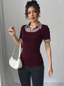 Rafferiza Women's Sports Style Ribbed Patchwork Plaid Ruffle Peter Pan Collar T-Shirt - Burgundy - View 5