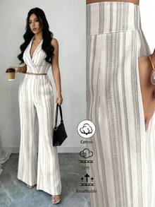 Elenzga Bộ đồ 2 mảnh thời trang thường ngày thanh lịch dành cho mùa xuân/hè, gồm áo không tay cổ bẻ và quần ống loe hai túi, chất liệu vải lanh dệt họa tiết, phối cùng quần ống rộng hai túi. - Màu Xám nhạt - Xem 1