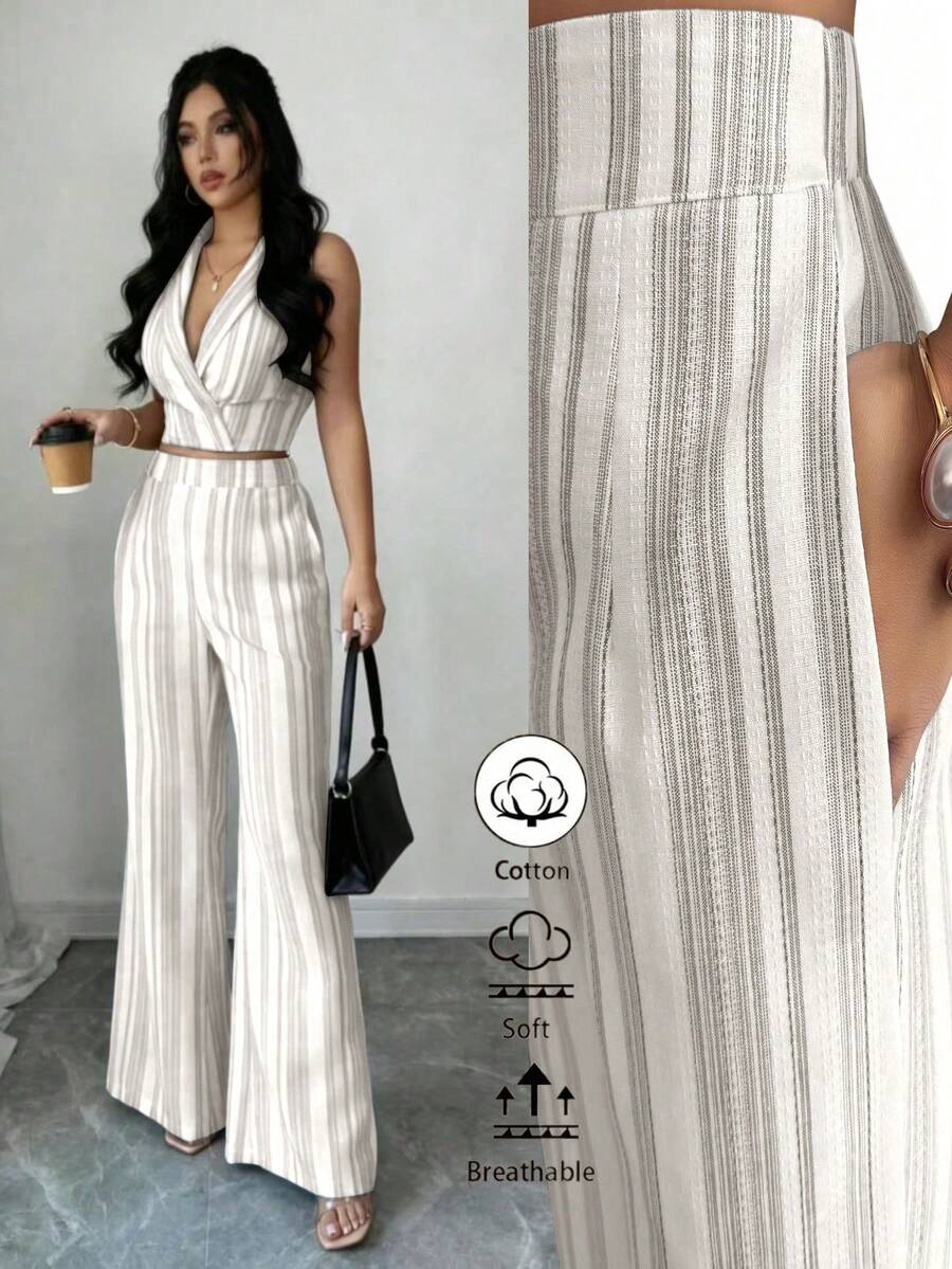 Elenzga Bộ đồ 2 mảnh thời trang thường ngày thanh lịch dành cho mùa xuân/hè, gồm áo không tay cổ bẻ và quần ống loe hai túi, chất liệu vải lanh dệt họa tiết, phối cùng quần ống rộng hai túi. - Màu Xám nhạt - Xem 1
