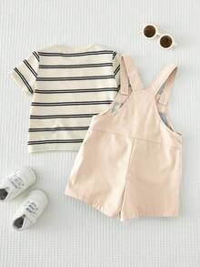 Cozy Pixies 2pcs Baby Boy Striped Pattern Knit Soft Round Neck Short Sleeve Pullover Top And Bib Shorts Set - Khaki - View 3