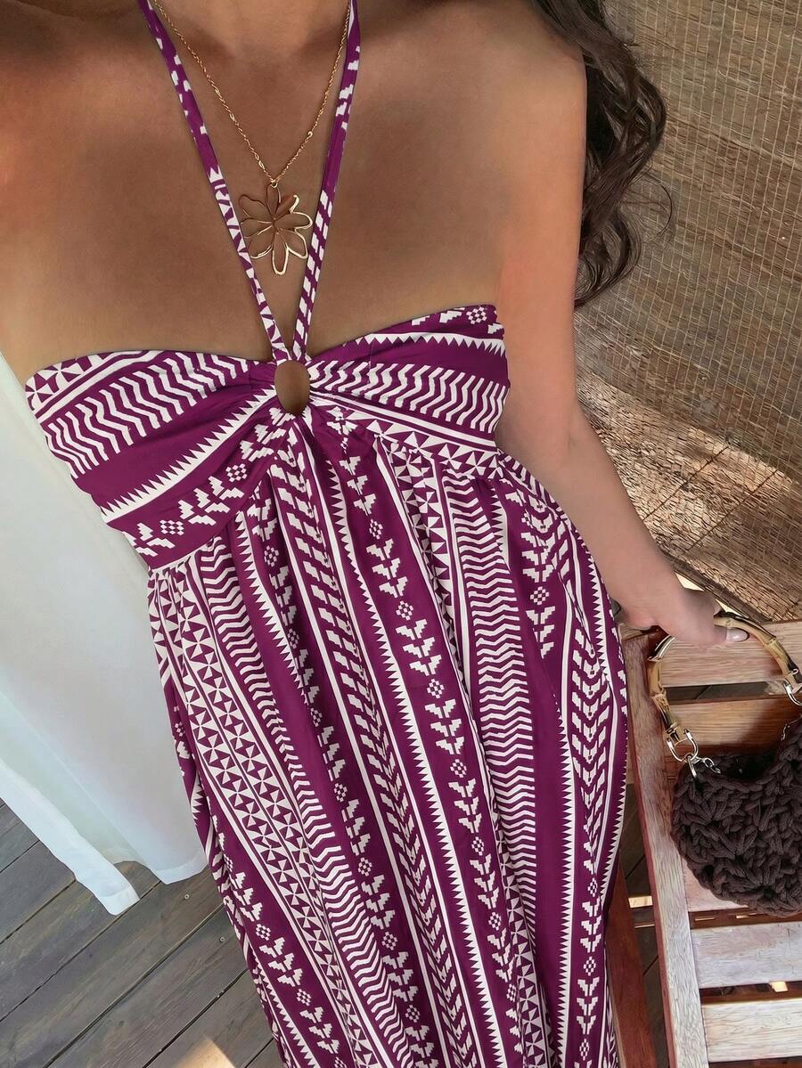 Sunnyshic Women's Pink Halter Tie Neck Dress, Fashionable Elegant Romantic Bohemian Style For Beach Vacation, Spring/Summer - Bold Plum - View 1