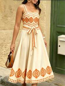 Nubod Vestido camisero con estampado floral elegante y retro, ideal para vacaciones de primavera/verano y uso casual/de oficina - Albaricoque - Ver 1