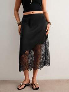 Freevana Plus Size Women's Lace Patchwork Asymmetric Design Black Skirt, Elegant Daily Wear, Spring & Summer Shell Trim, Asymmetrical Design, Satin, Midi Skirt, Music Festival Outfit; Pure Black Skirt, Elegant Style, Suitable For Everyday Wear. - Black - View 7