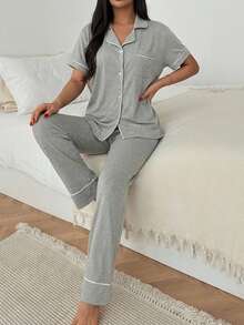 WovenCharm Women Binding Detail Short Sleeved & Long Bottom Homewear Pajama Set - Light Grey - View 4
