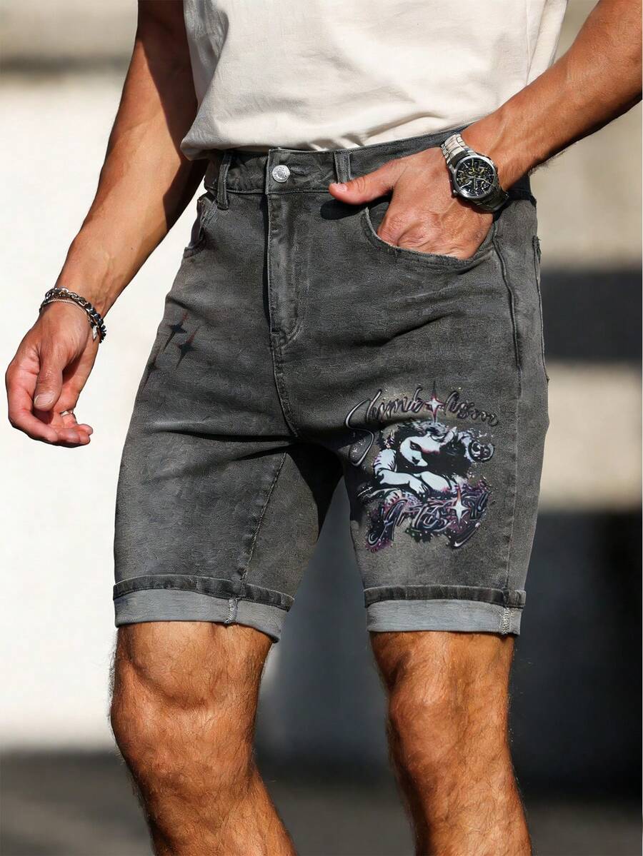Manfinity LEGND Quần short denim nam thời trang thường ngày hiệu Mỹ, in chữ Angel và ngôi sao, chất liệu denim mài, thích hợp cho mùa hè. - Xám - Xem 1