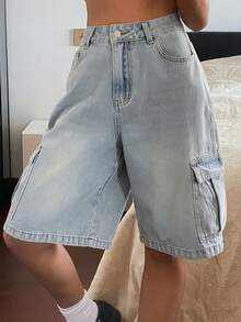 Livesso Women's Cargo Pocket Wide Leg Loose Casual Denim Shorts Summer - Light Wash - View 5